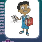 Smiling student boy with school books and homework paper embroidery designs - Instant Download