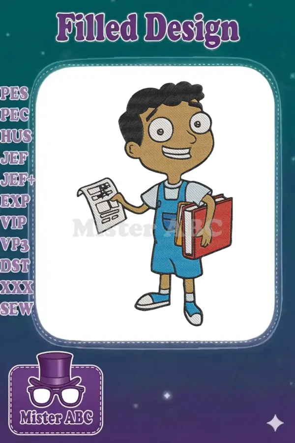 Detailed embroidery of Baljeet from Phineas and Ferb, holding papers and books, smiling brightly.