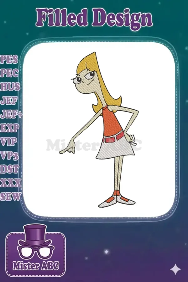 Embroidered image of Candace Flynn from Phineas and Ferb, standing with one arm bent and pointing forward.