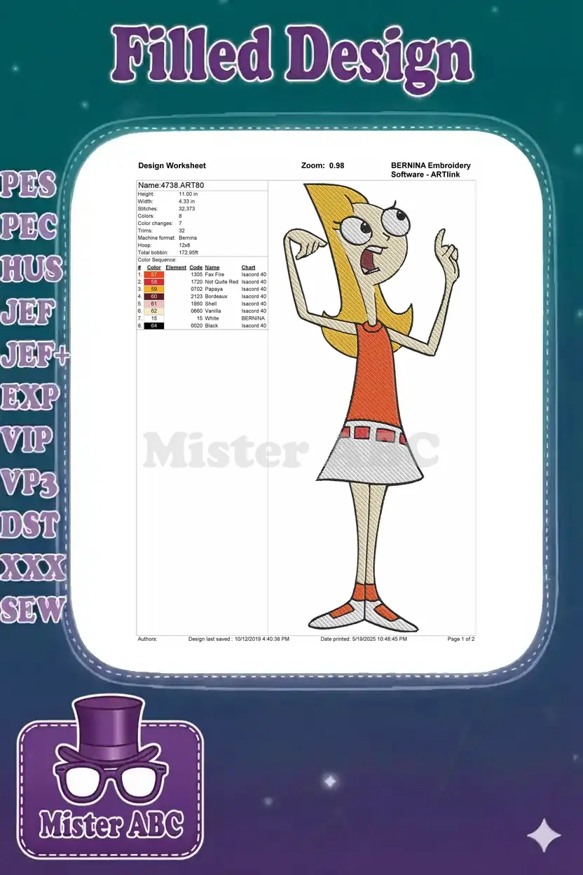 An embroidery design worksheet for Candace Flynn, detailing dimensions, stitch count, color sequence, and thread types.