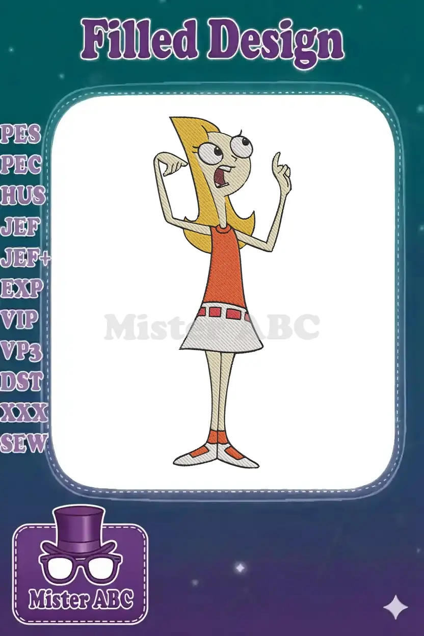 A vibrant digital embroidery design of Candace Flynn from Phineas and Ferb, captured in an expressive, animated pose.