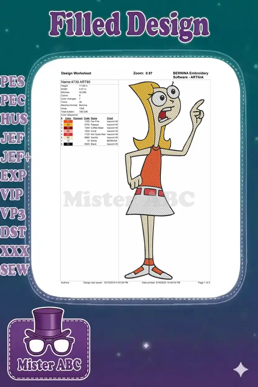 BERNINA Embroidery Software design worksheet for Candace Flynn, showing dimensions, stitch count, and colors.