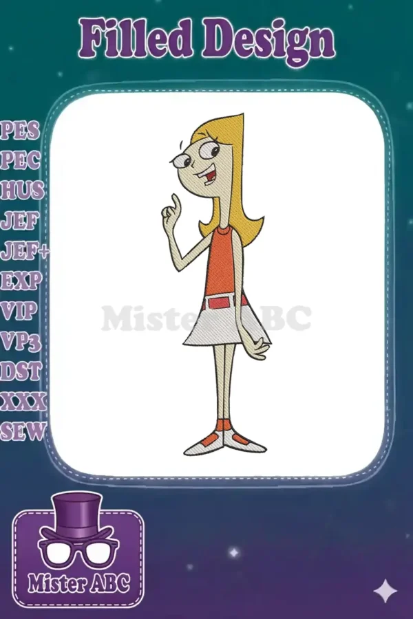 An embroidery design of Candace Flynn from Phineas and Ferb, standing with a lively, expressive pose and open mouth.