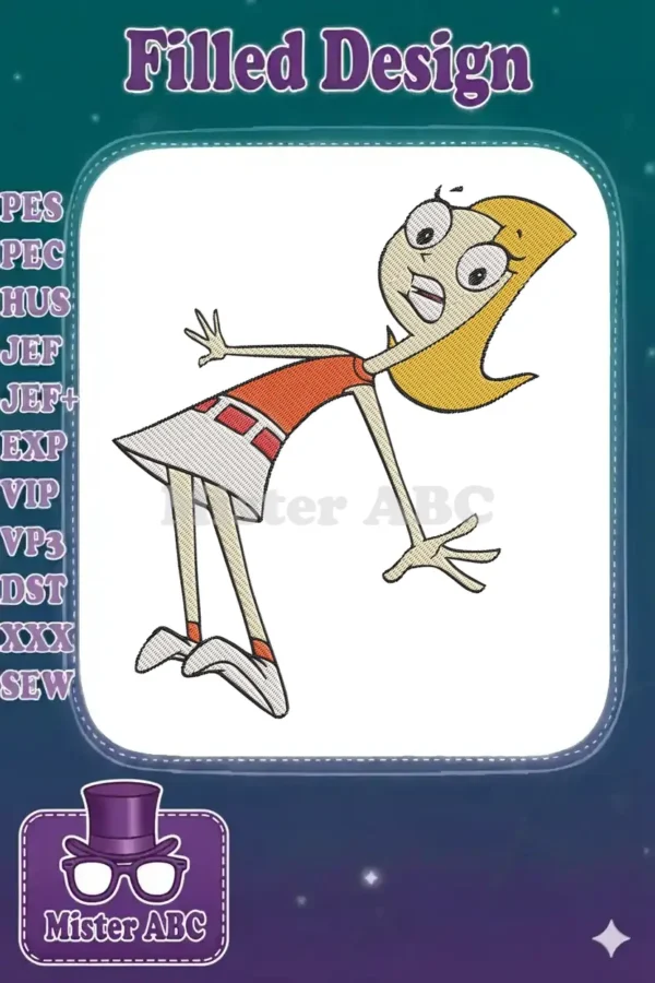 Embroidered design of Candace Flynn from Phineas and Ferb, caught mid-action with a surprised expression.