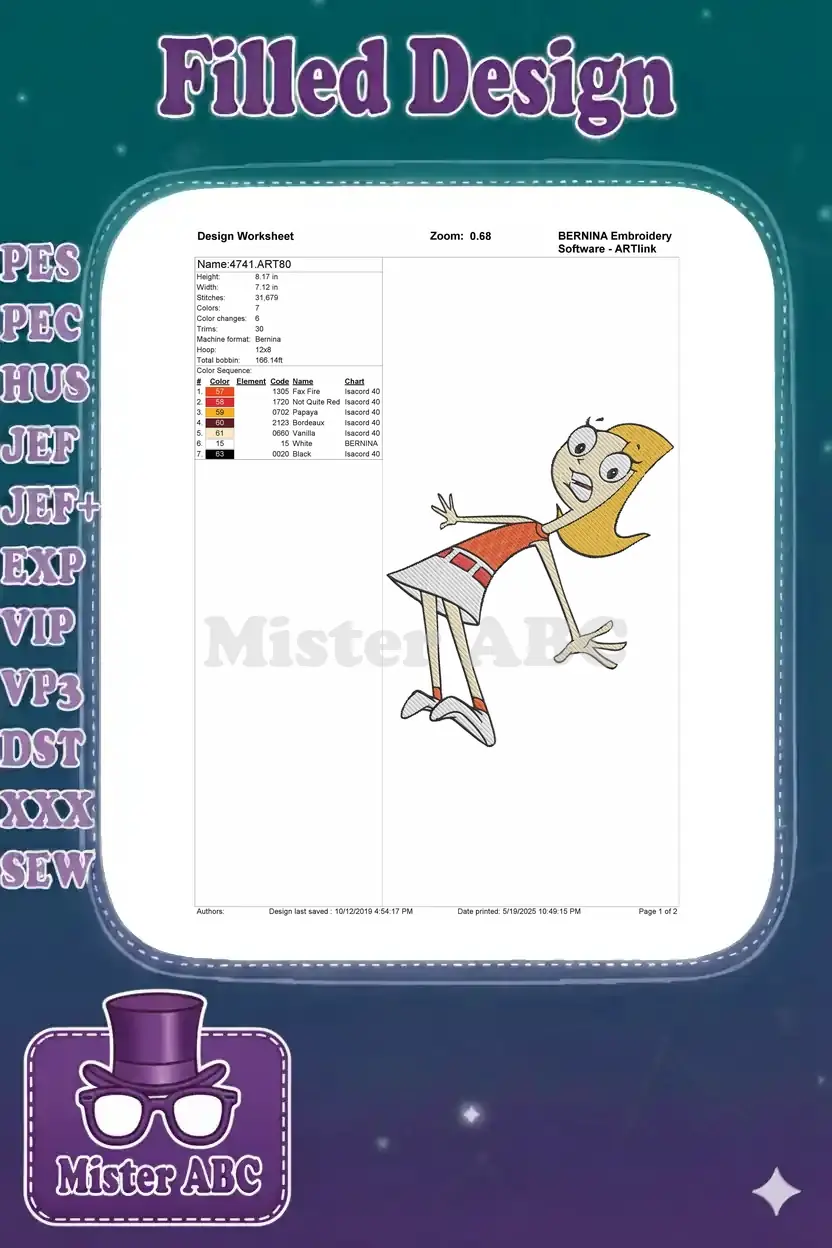 Design worksheet for Candace Flynn embroidery, detailing dimensions, stitch count, color changes, and thread chart.