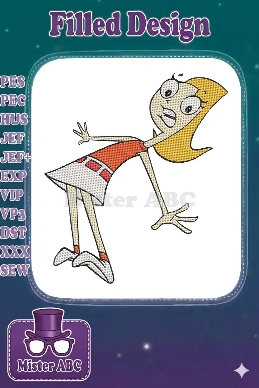 Embroidered design of Candace Flynn from Phineas and Ferb, caught mid-action with a surprised expression.