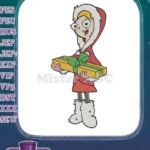Happy cartoon girl in red winter coat with gift embroidery designs - Instant Download
