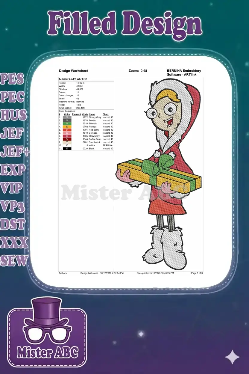Embroidery design worksheet for Candace Flynn, showing technical specifications and color sequence.