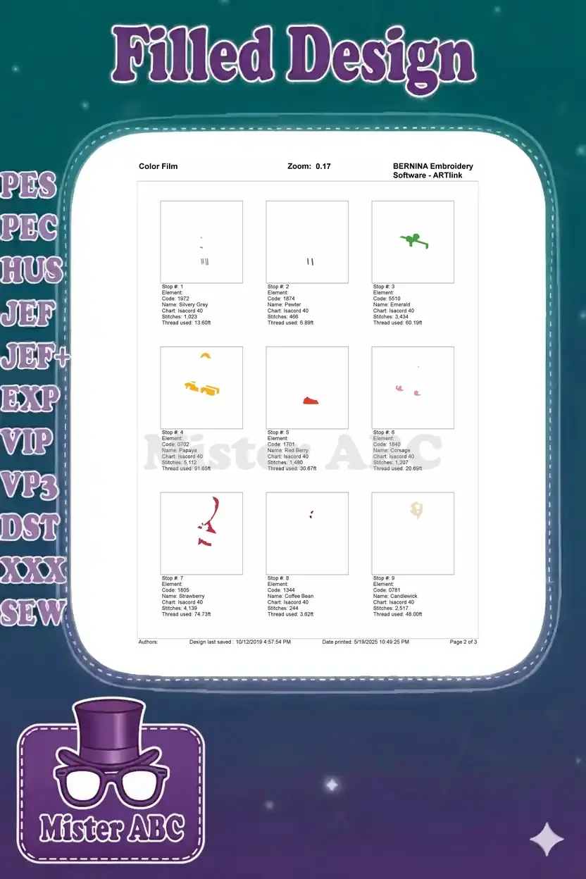 Embroidery color film showing individual stitch elements for the Candace Flynn design, page 2.