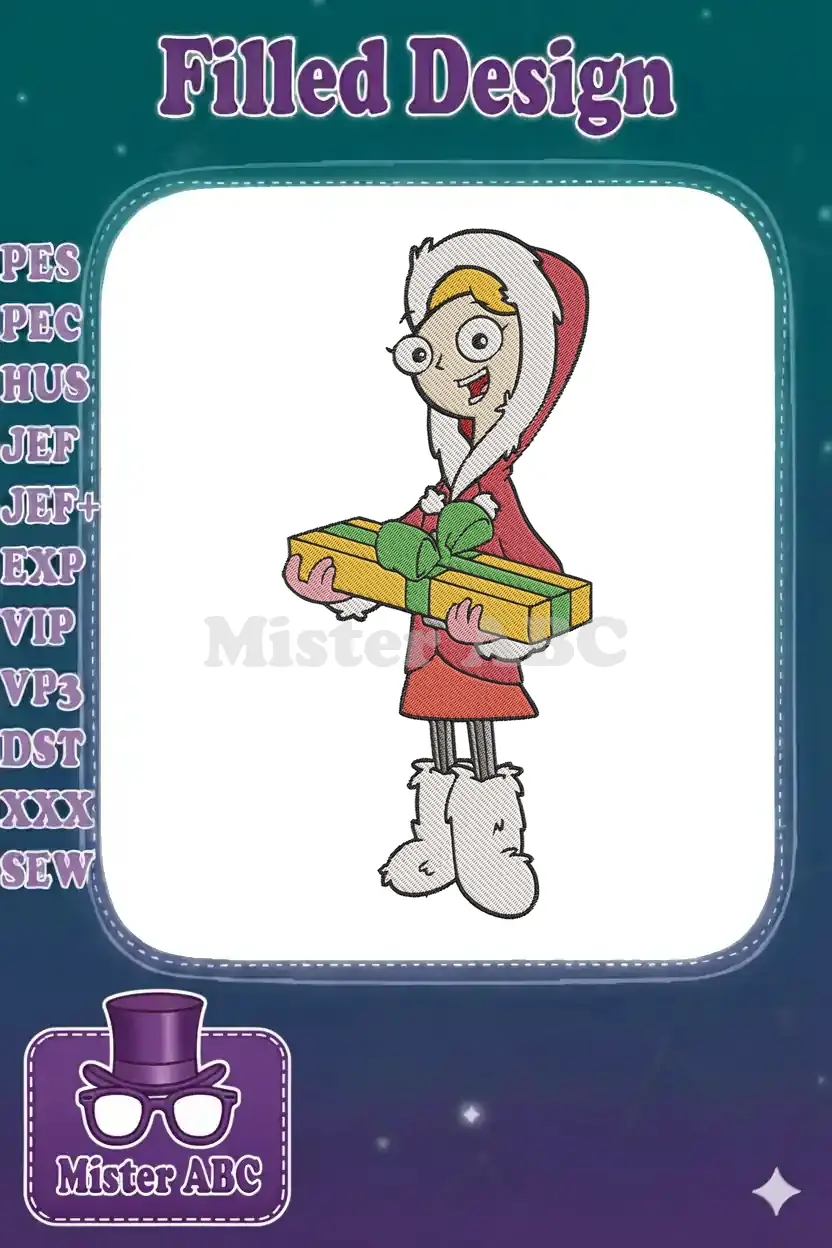 Cheerful Candace Flynn embroidery design in a red winter coat, holding a yellow gift with a green bow.