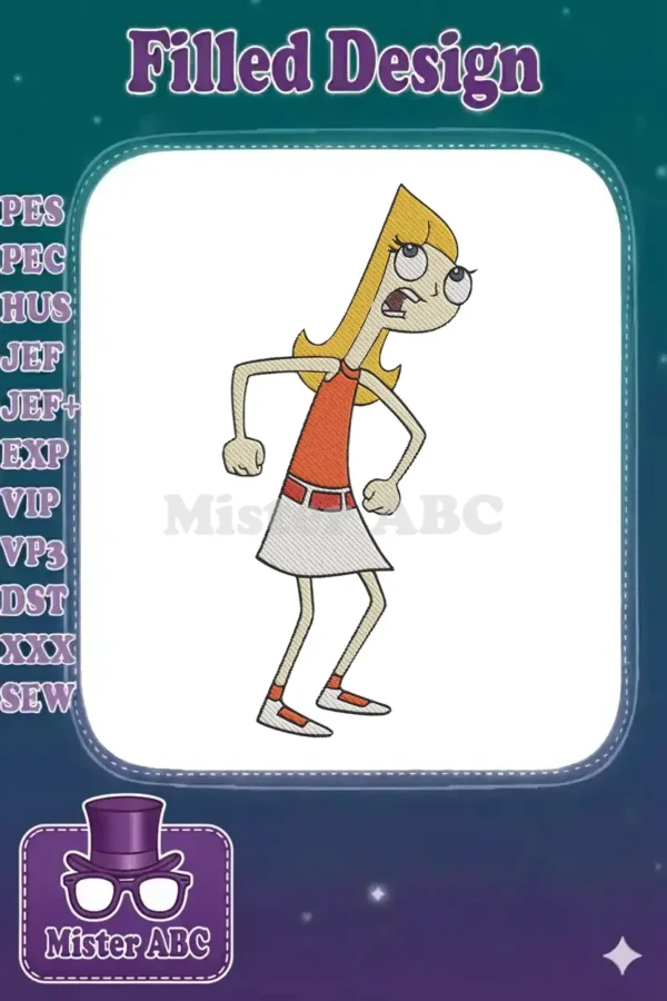 Full-body embroidery design of Candace Flynn from Phineas and Ferb, showing her frustrated, arms-akimbo pose.