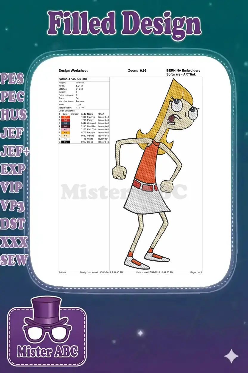 Embroidery design worksheet for Candace Flynn, detailing dimensions, stitch count, color sequence, and thread types.