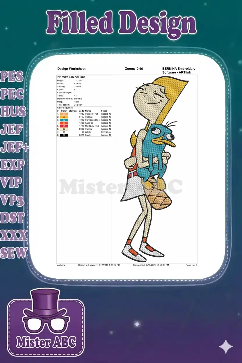 Embroidery design worksheet for Candace and Perry, detailing dimensions, stitch count, color sequence, and thread types.