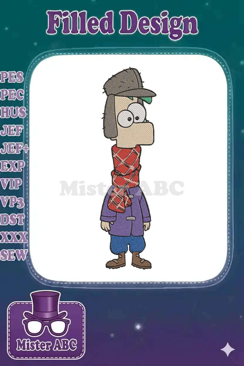 Full-body embroidery of Dipper Pines from Gravity Falls, wearing a deerstalker hat, plaid scarf, and purple coat.