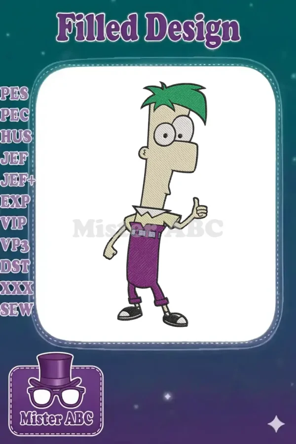 Ferb Fletcher embroidery design, giving a thumbs up, featuring green hair, light skin, and purple overalls.