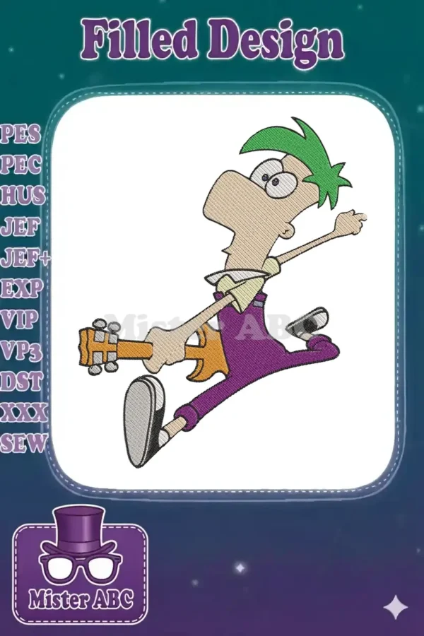 A vibrant embroidery design featuring Ferb Fletcher from Phineas and Ferb, playing an orange electric guitar with enthusiasm.