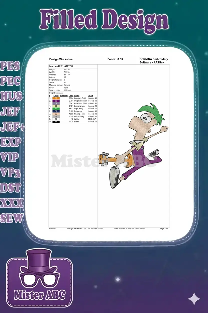 Embroidery design worksheet for Ferb Fletcher, detailing dimensions, stitch count, color sequence, and machine settings.