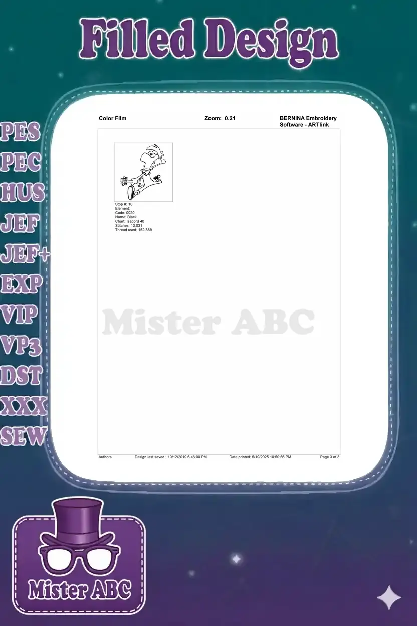 Final section of the color film, displaying the last stitch stop, which completes the Ferb Fletcher embroidery design.