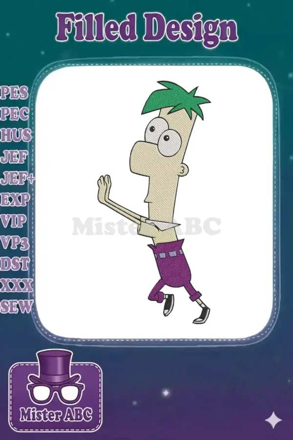 Animated character Ferb Fletcher embroidery design in a dynamic pose, featuring green hair and purple pants.