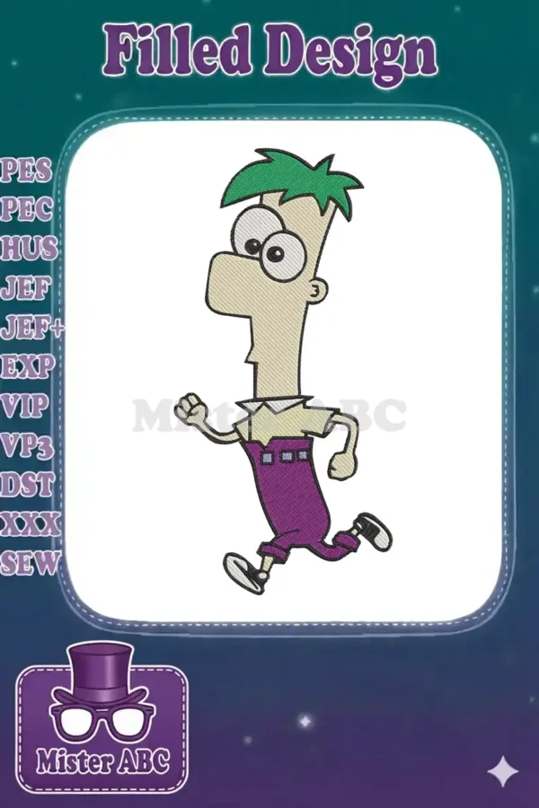 Vibrant embroidery design of Phineas Flynn, from Phineas and Ferb, in a lively running pose, showcasing detailed stitching.