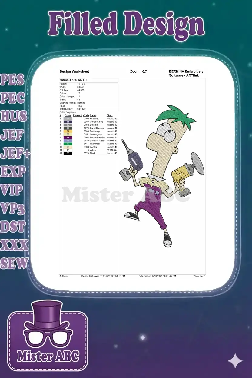 Embroidery design worksheet for Phineas Flynn, detailing dimensions, stitch count, colors, and thread chart.