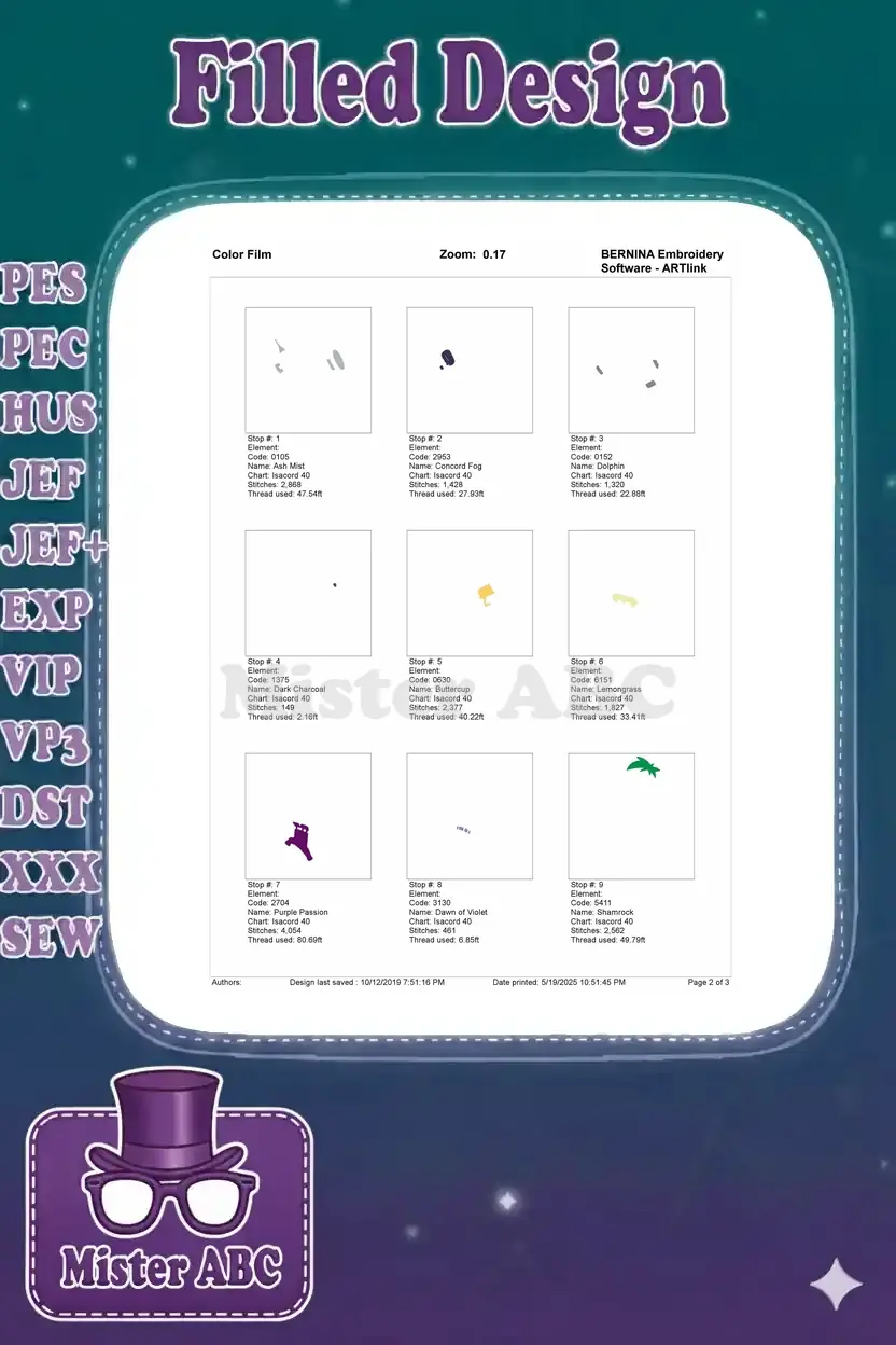First nine color film elements of the Phineas Flynn embroidery design, showing individual stitch areas.