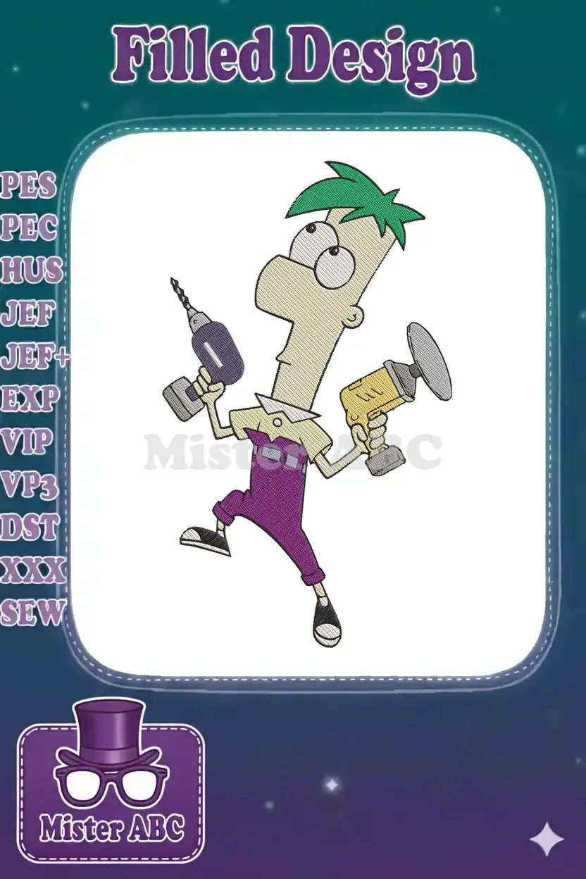 Full-color embroidery design of Phineas Flynn holding a drill and a spray gun, ready for invention.