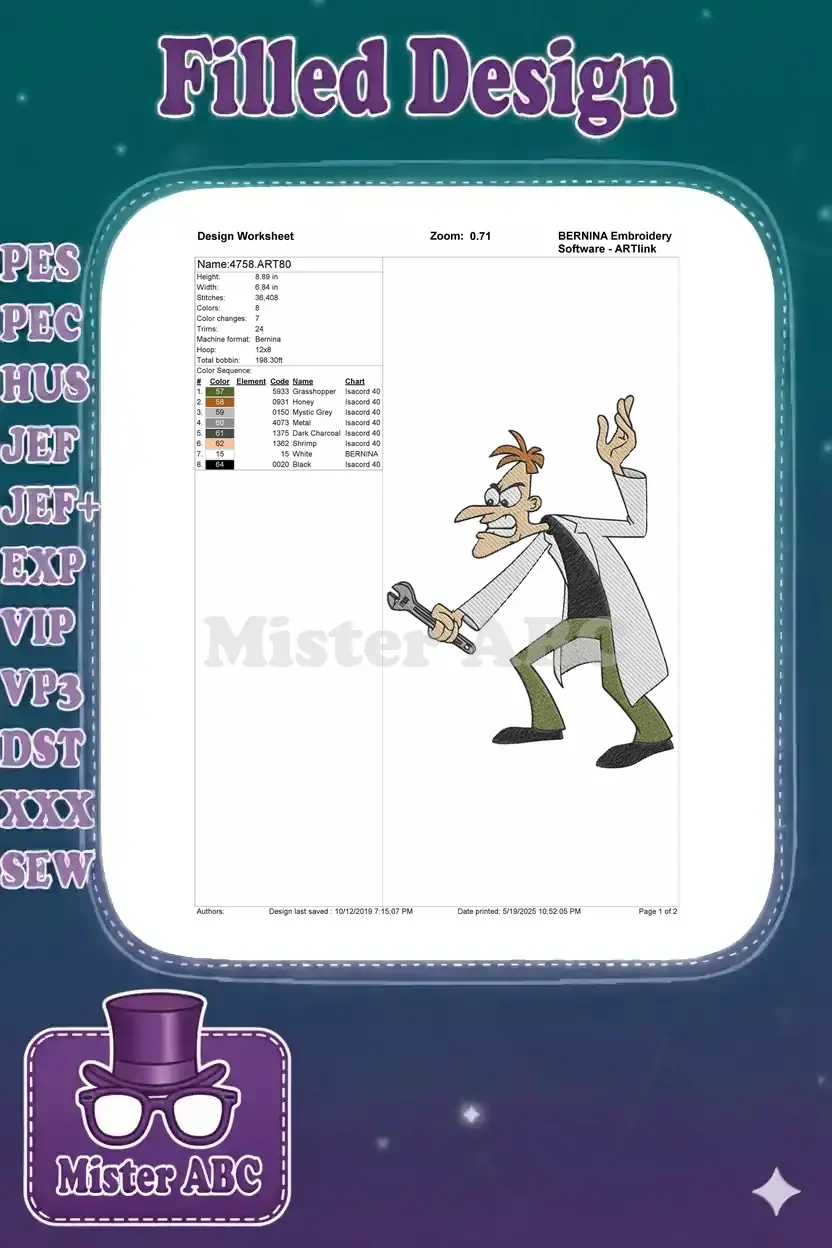 Embroidery design worksheet for Dr. Doofenshmirtz, showing stitch count, colors, dimensions, and machine details.