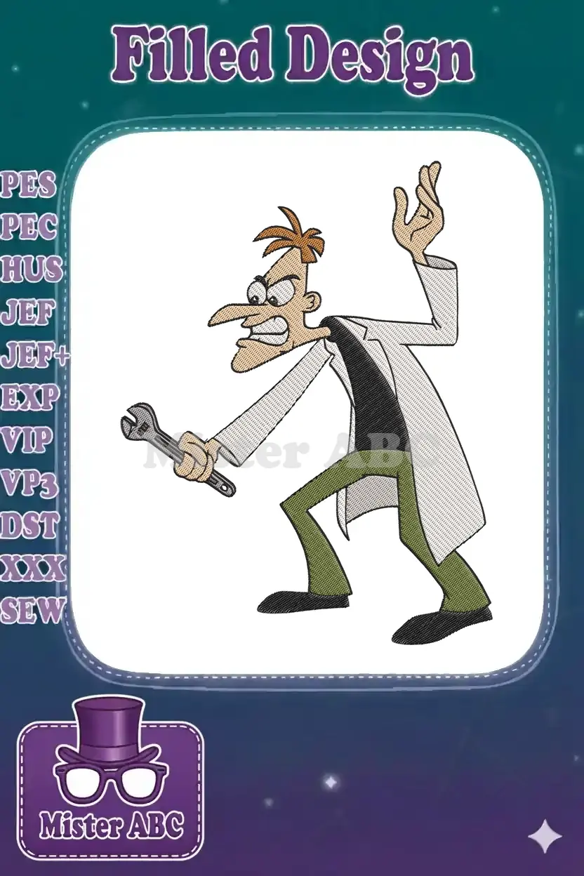 Dr. Doofenshmirtz embroidery design, an angry cartoon character holding a wrench, ready for action.