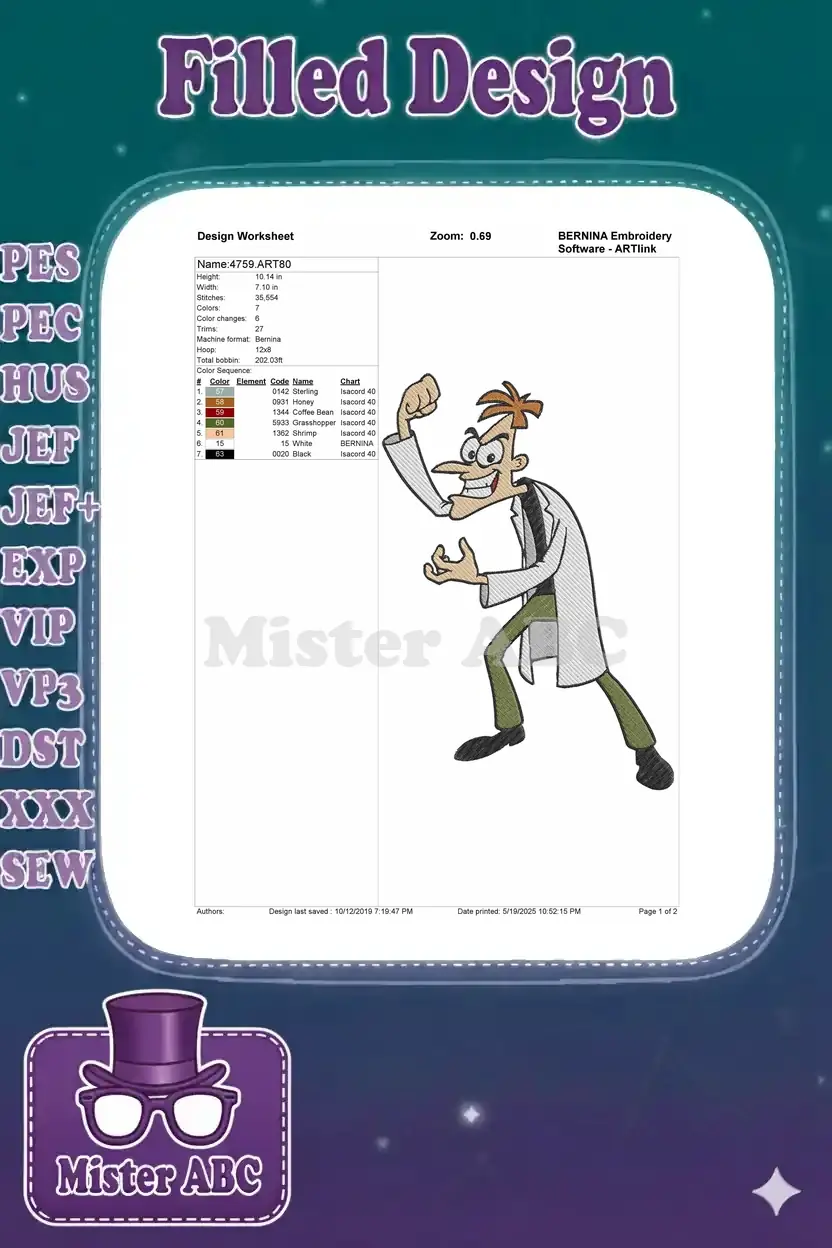 Embroidery design worksheet for item 4759, showing dimensions, stitch count, color chart, and design preview.
