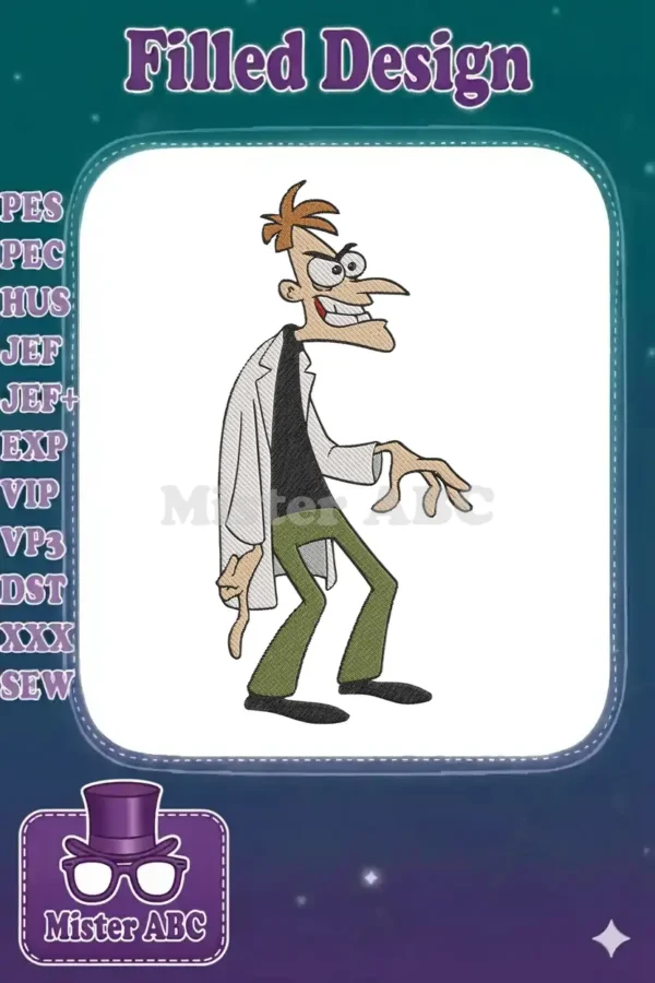 Full-body embroidery of Dr. Doofenshmirtz from Phineas and Ferb, showing his iconic, scheming pose and lab coat.
