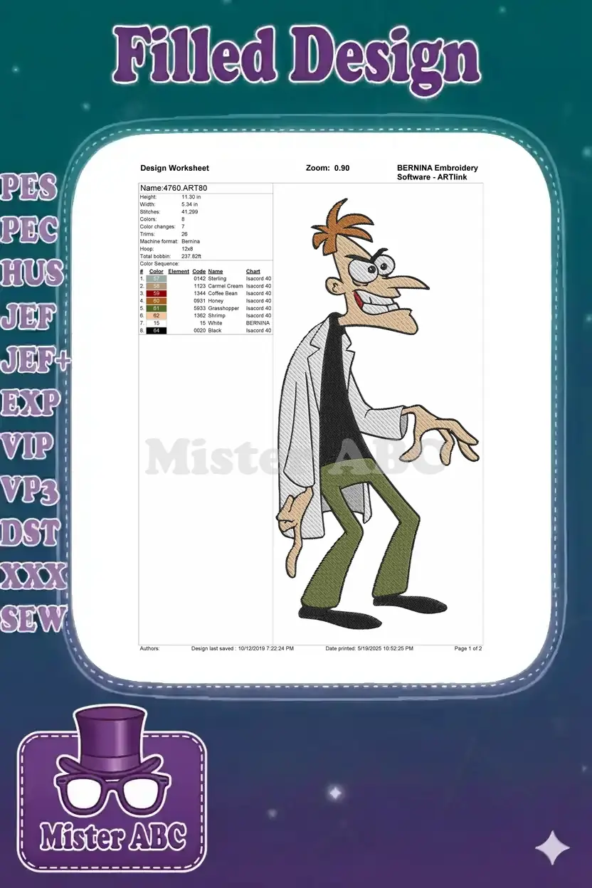 Embroidery design worksheet for Dr. Doofenshmirtz, detailing dimensions, stitch count, color sequence, and machine format.