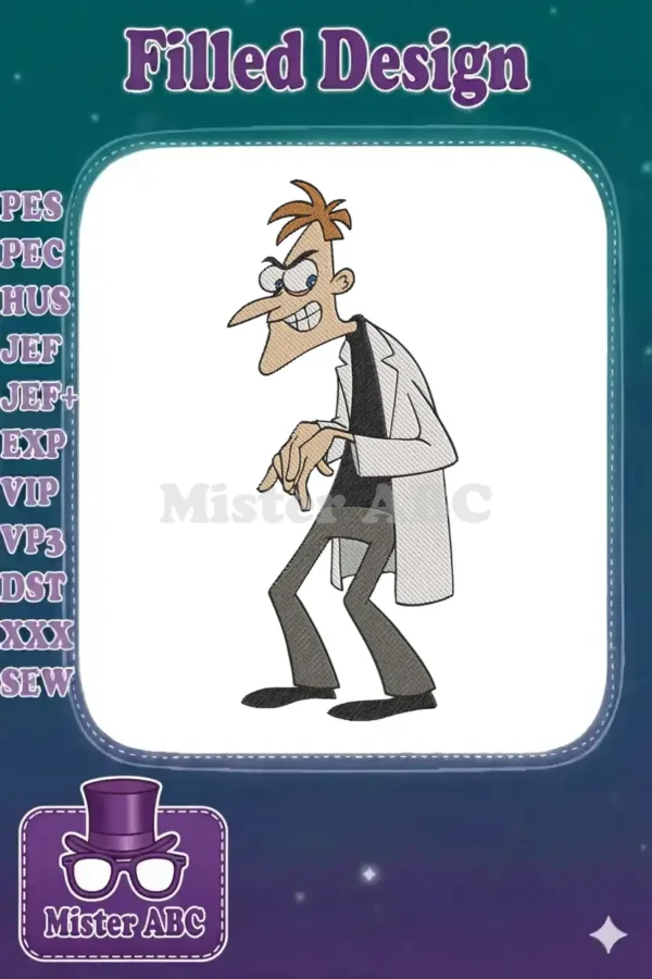 Dr. Doofenshmirtz embroidery design, full body, with expressive face and pointing gesture, ready to stitch.