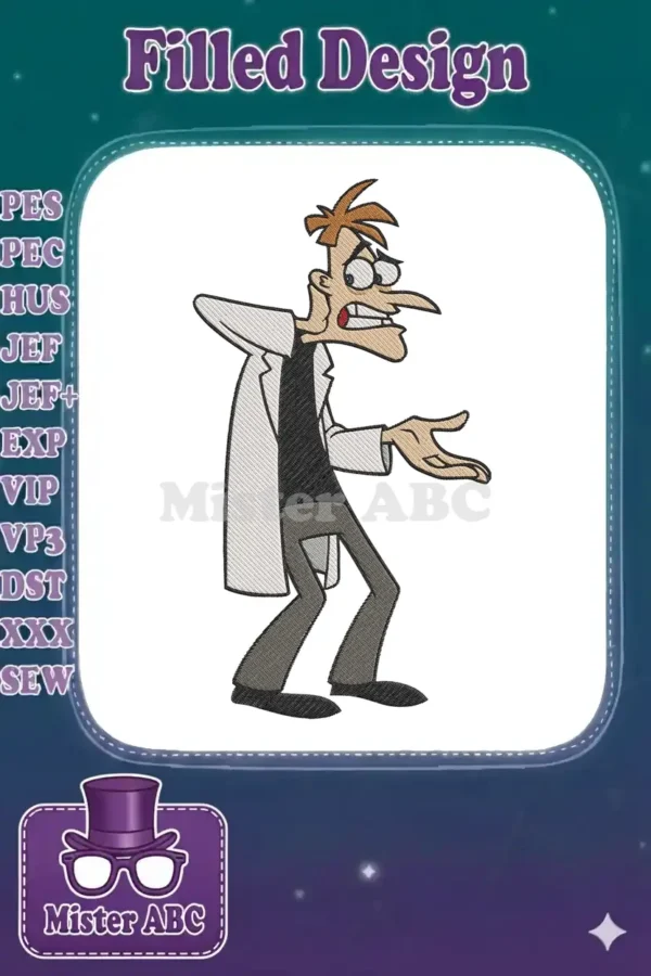 Detailed embroidery of Dr. Doofenshmirtz from Phineas and Ferb, showing his iconic pose and lab coat. Perfect for fans.