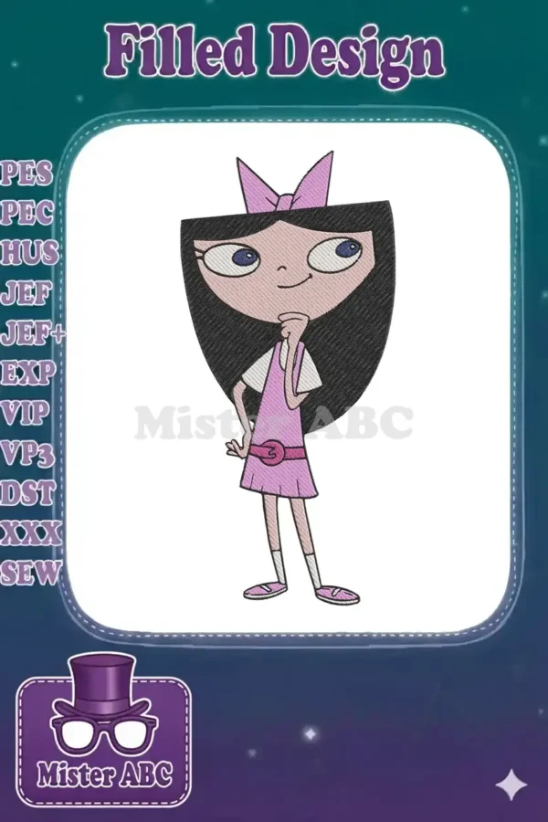 Vibrant embroidery design of Isabella from Phineas and Ferb, featuring her pink dress, bow, and charming smile.