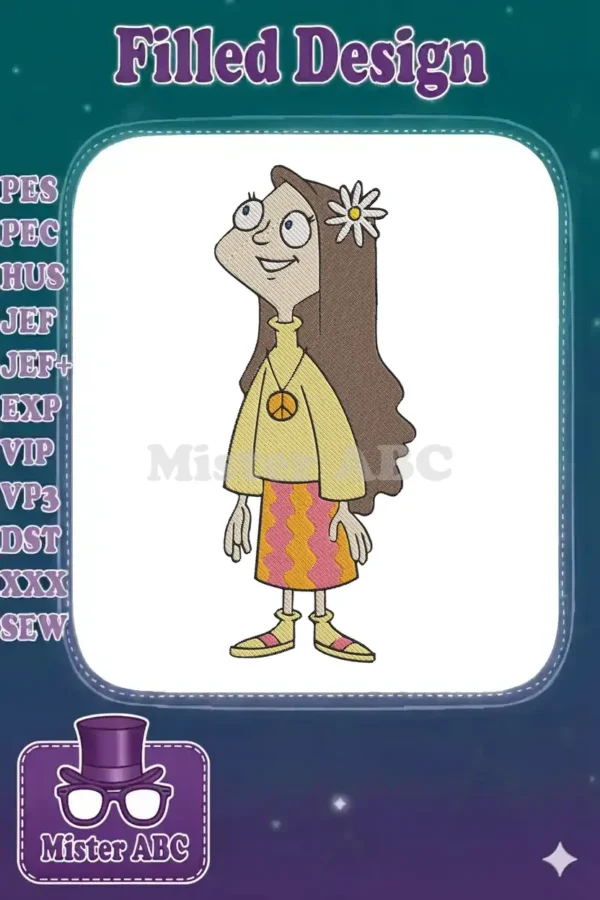 Full-body embroidery of Stacy Hirano from Phineas and Ferb, wearing a yellow turtleneck, peace sign, and patterned skirt.