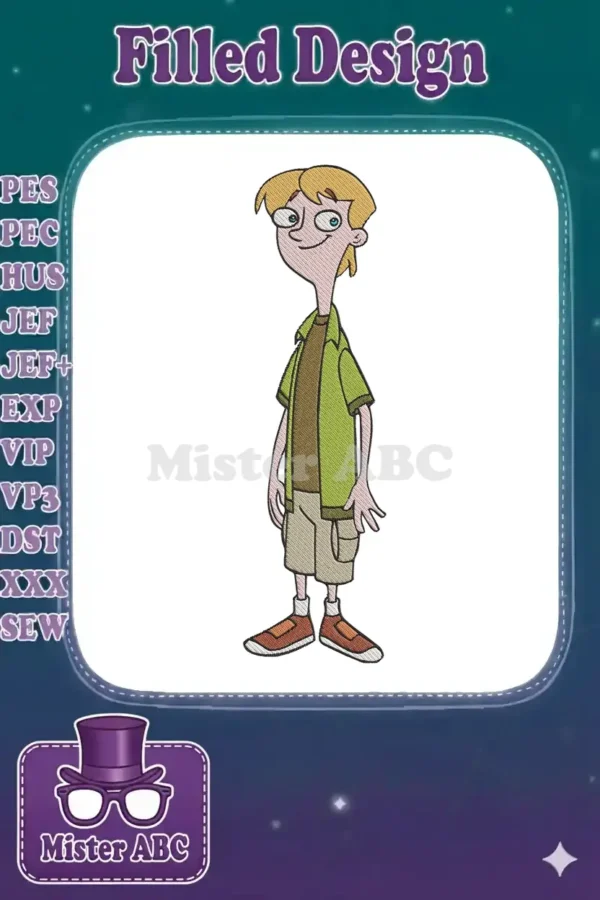 Detailed embroidery of Jeremy Johnson from Phineas and Ferb, featuring his signature green shirt and friendly smile.