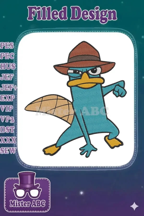 A vibrant embroidery design featuring Perry the Platypus in his signature fedora, striking a determined pose.