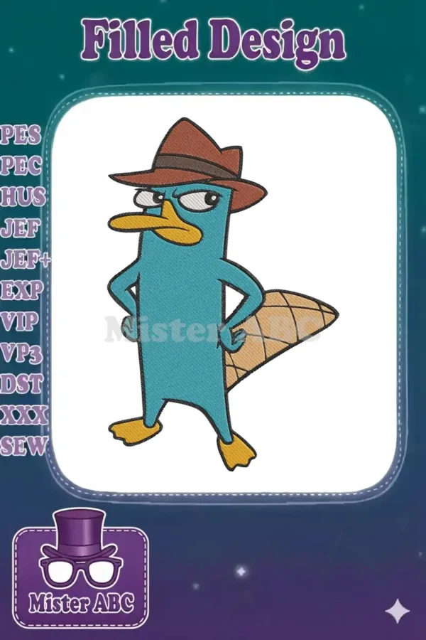 Detailed embroidery design of Perry the Platypus wearing his signature fedora, standing with hands on hips.
