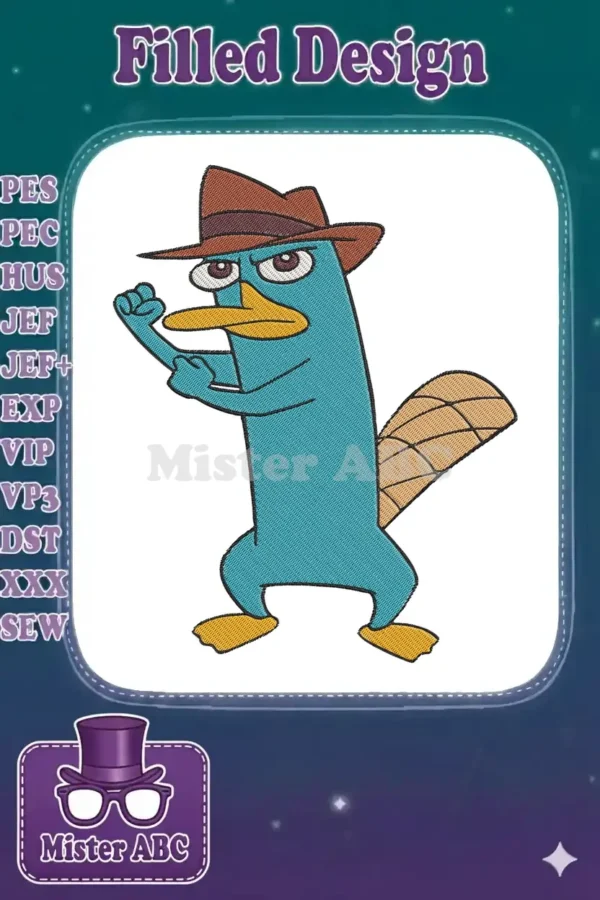Detailed embroidery design of Perry the Platypus, Agent P, wearing his fedora in a determined pose.