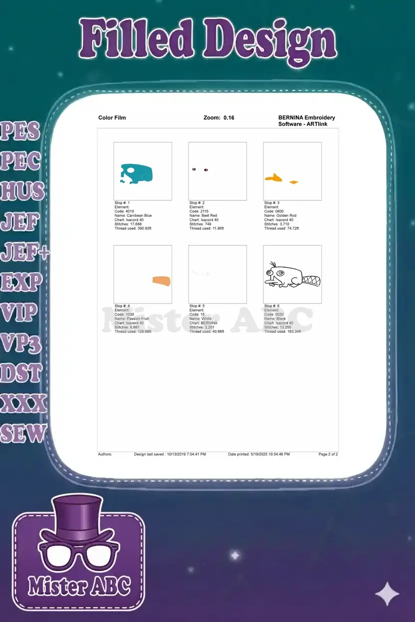 Color film breakdown for Perry the Platypus embroidery, showing each color stop, stitch count, and thread usage.