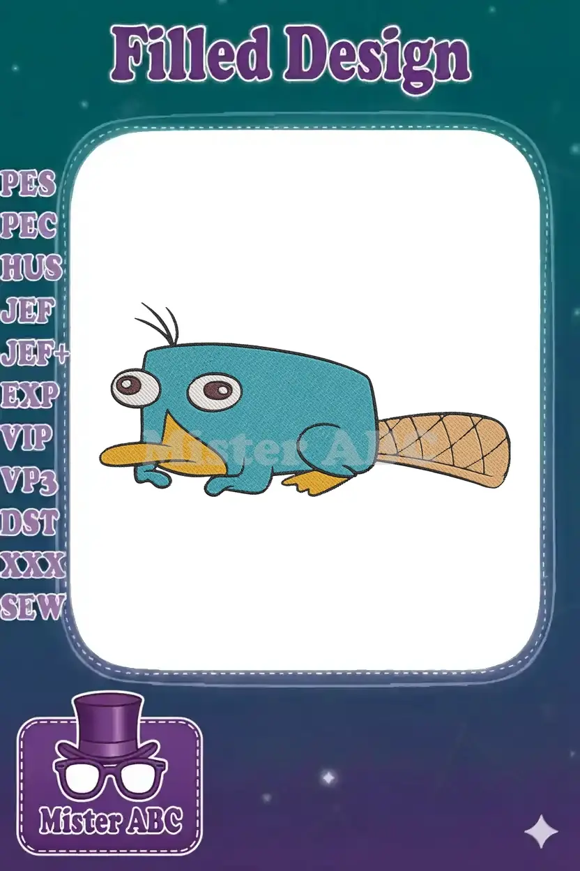 Embroidery design of Perry the Platypus, a teal platypus with a yellow bill and feet, on a white background.