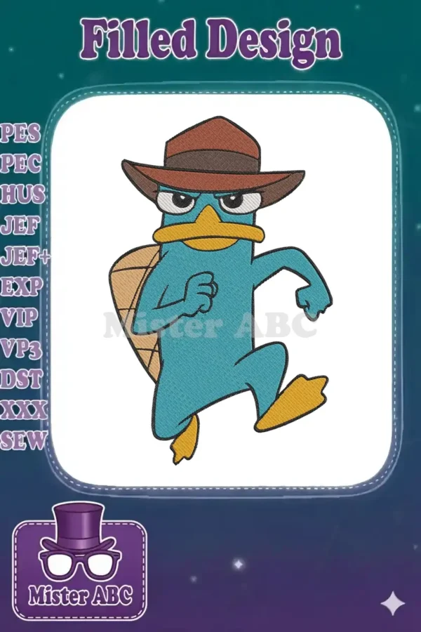 Detailed embroidery design of Perry the Platypus, also known as Agent P, in a dynamic running pose, ready for action.