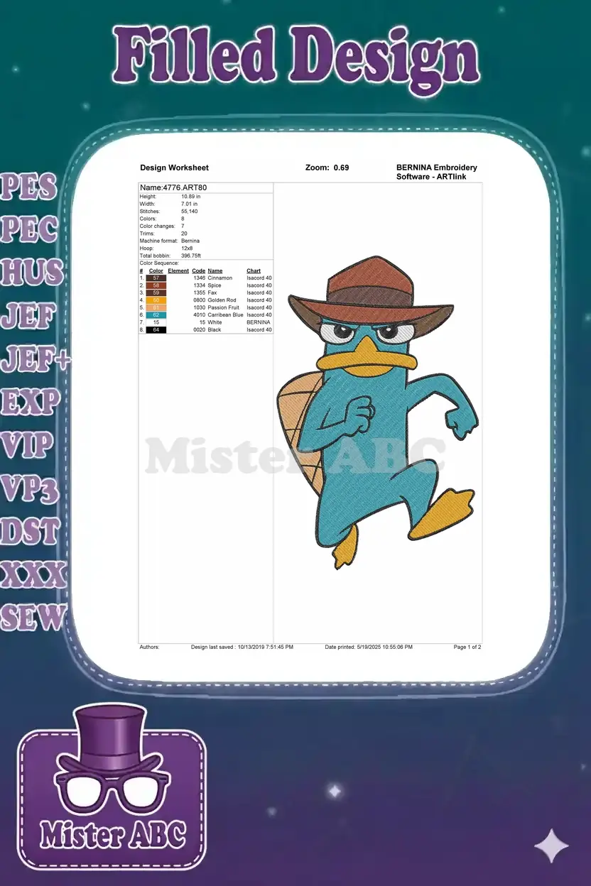 Embroidery design worksheet for Perry the Platypus, showing dimensions, stitch count, color sequence, and thread details.