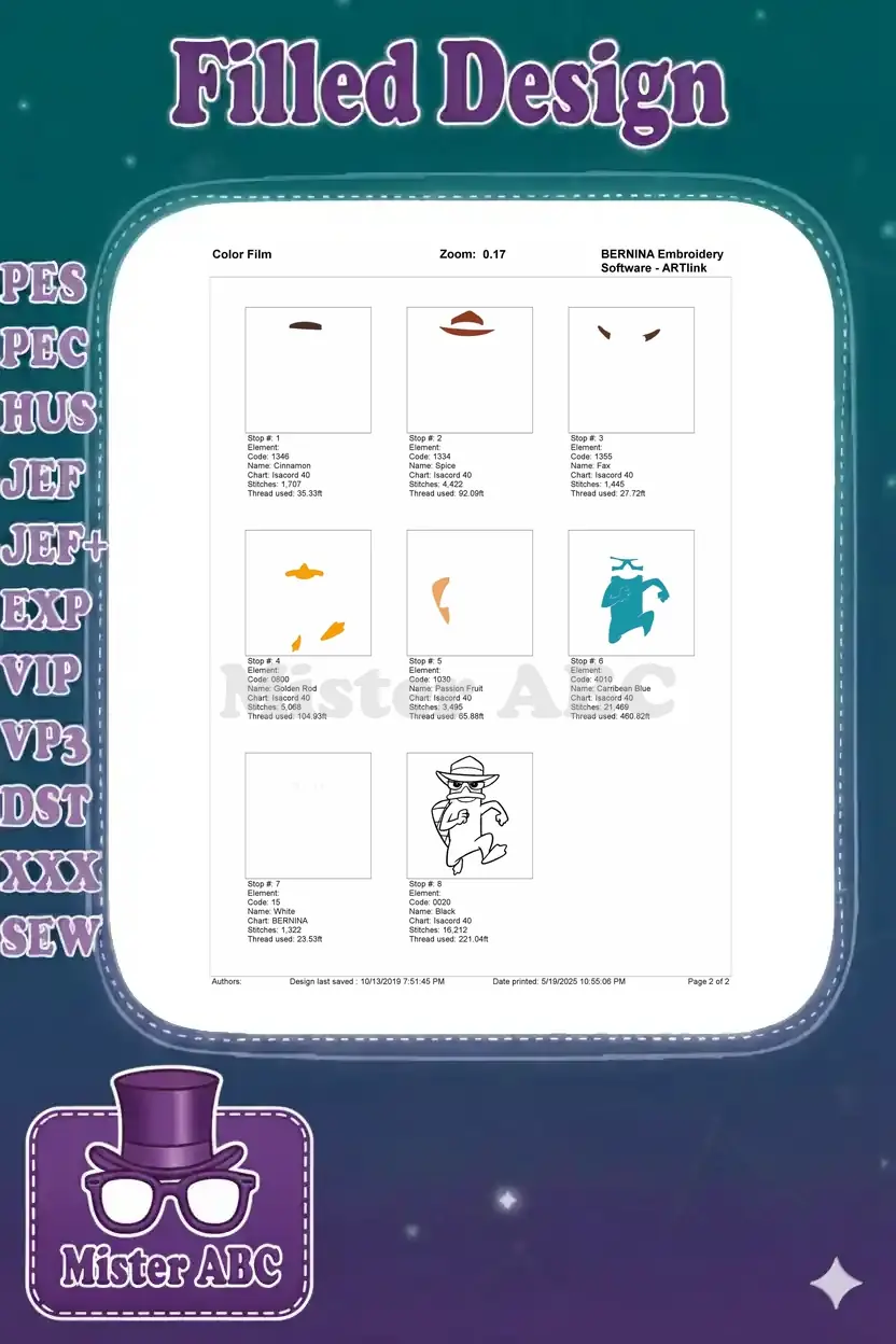 Color film breakdown for Perry the Platypus embroidery, illustrating each color's stitch sequence and thread usage.