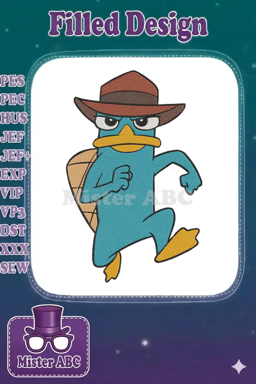 Detailed embroidery design of Perry the Platypus, also known as Agent P, in a dynamic running pose, ready for action.