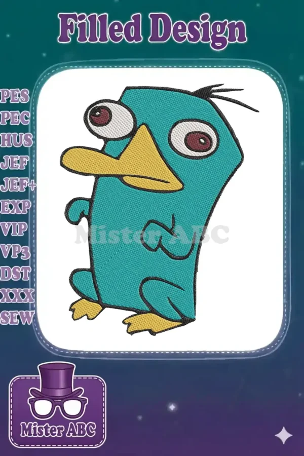 A vibrant embroidery design of Perry the Platypus, featuring his teal body, yellow bill, and wide eyes.