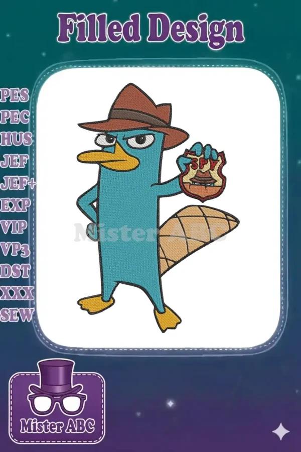 A full-color embroidery design of Perry the Platypus (Agent P) in his fedora, holding a 'SPY' badge. Vibrant and detailed.