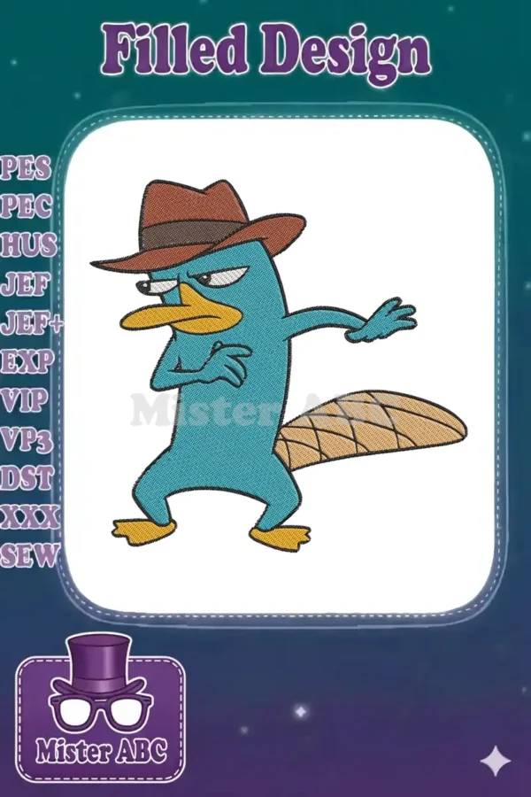 A vibrant machine embroidery design featuring Perry the Platypus, the iconic teal platypus in a brown fedora.