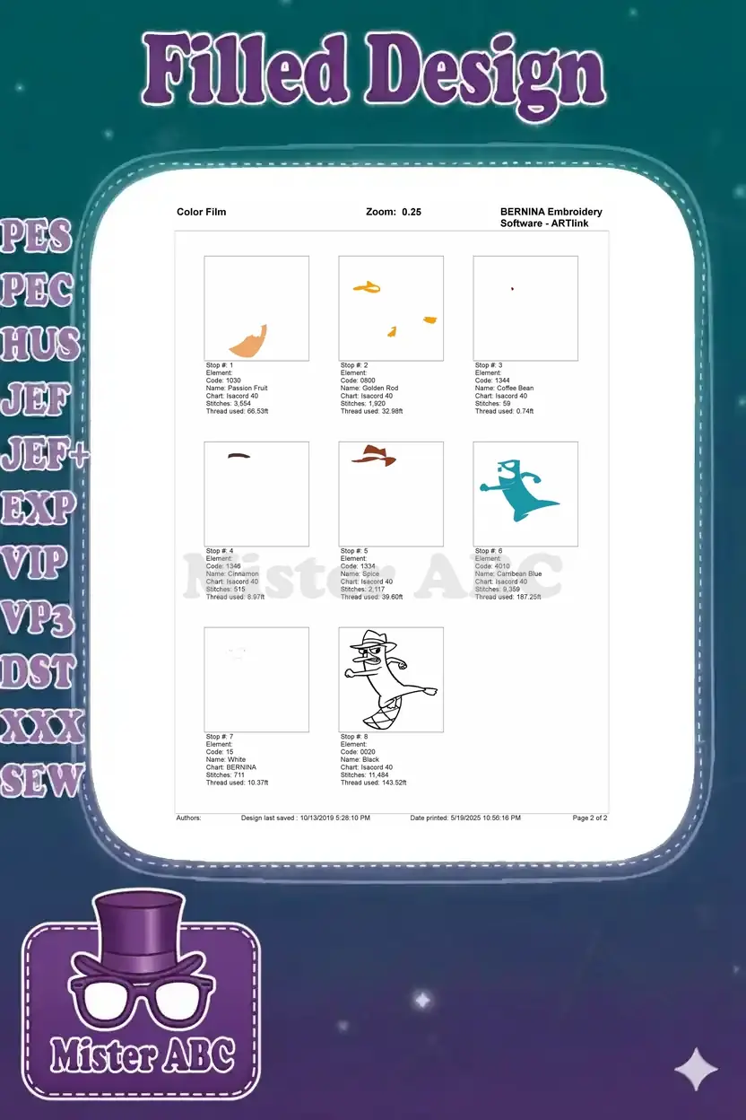 Detailed color film breakdown of the Perry the Platypus embroidery design by individual stitch stops.
